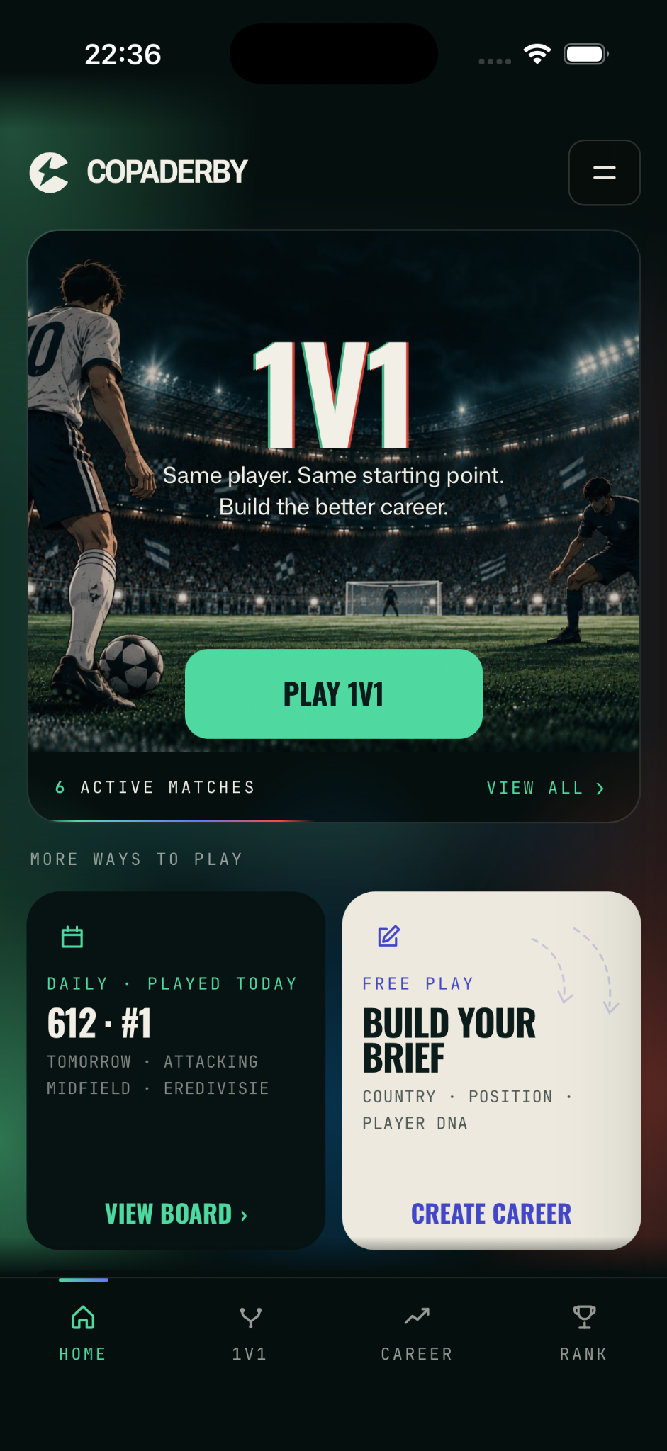The COPADERBY Home screen with 1V1 and career entry points